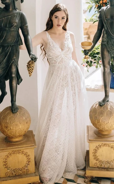 Bohemian V-Neck Lace Tulle Wedding Dress with Chapel Train Unique & Flowy