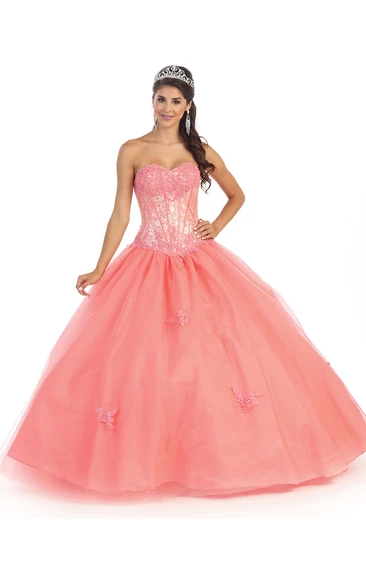 Ball Gown Sweetheart Sleeveless Tulle Satin Corset Back Dress With Appliques