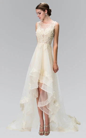 A-Line High-Low Scoop-Neck Sleeveless Tulle Dress With Beading And Ruffles