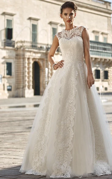 A-Line Floor-Length High-Neck Cap-Sleeve Appliqued Lace&Tulle Wedding Dress With Pleats