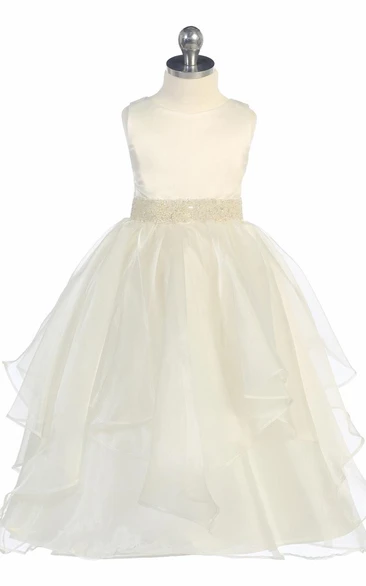 Tea-Length Tiered Beaded Sequins&Organza Flower Girl Dress With Ribbon