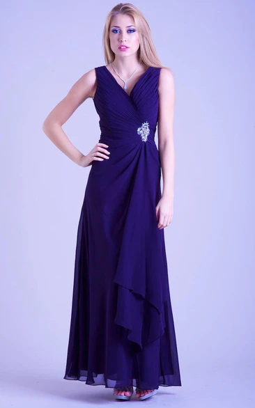 A-Line Sleeveless Broach Ankle-Length V-Neck Chiffon Prom Dress With Draping And Ruching