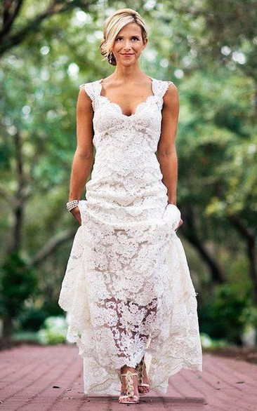 Country Cap-sleeved V-neck Long Lace Vintage Rustic Wedding Dress With Keyhole Back