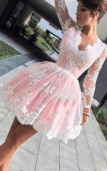 A-line Ball Gown Scalloped V-neck Long Sleeve Pleats Ruching Short Mini Lace Homecoming Dress