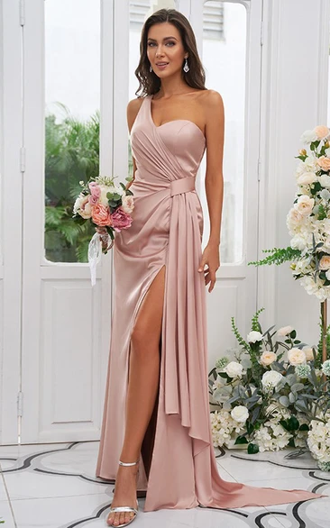 Sheath Satin Sleeveless Bridesmaid Dress with Split Front Floor-length 2023 Elegant Simple