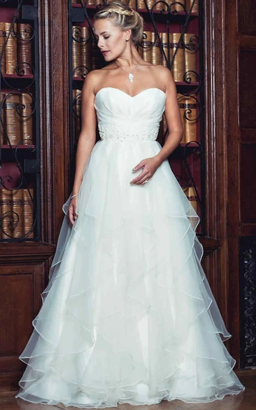 A-Line Beaded Sweetheart Organza Wedding Dress With Draping And Deep-V Back