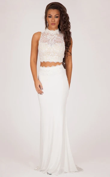 Form-Fitted Crop Top Jersey Sleeveless Prom Dress Featuring