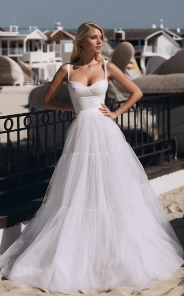 Casual Ethereal A-Line Tulle Scalloped Neck Straps Wedding Dress Sexy Elegant Solid Floor-length Sleeveless Open Back Bridal Dress