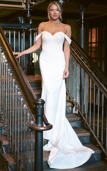 Sexy Country Sheath Satin Wedding Dress With Off-the-shoulder Neckline And Illusion Back 
