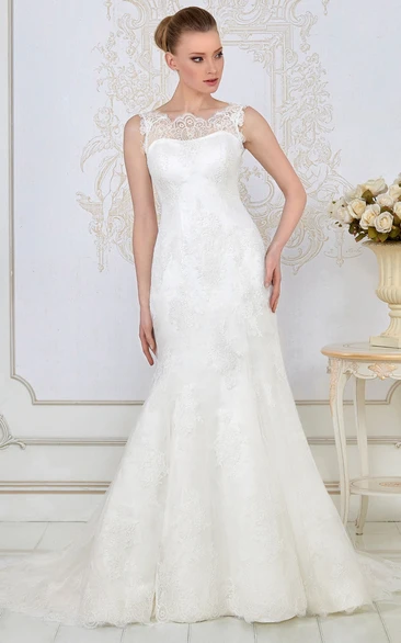 Trumpet Bateau-Neck Appliqued Sleeveless Floor-Length Lace Wedding Dress