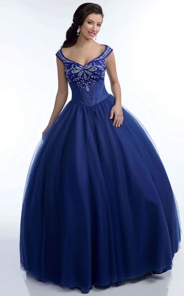 Tulle V-Neck Ball Gown With Crystal Detailed Top