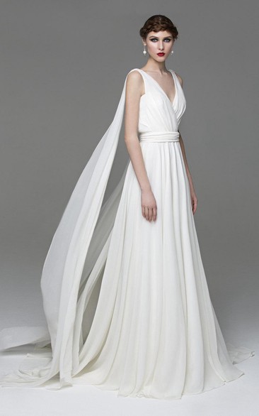 Greek V-Neck Sleeveless A-Line Chiffon Wedding Dress With Watteau Train -  UCenter Dress