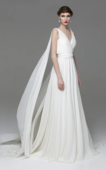 Greek V-Neck Sleeveless A-Line Chiffon Wedding Dress With Watteau Train