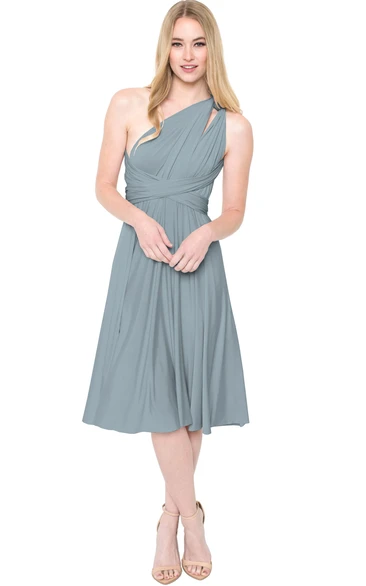Tea-Length Sleeveless One-Shoulder Ruched Chiffon Muti-Color Convertible Bridesmaid Dress