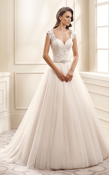 A-Line Appliqued Cap-Sleeve Sweetheart Long Lace&Tulle Wedding Dress With Waist Jewellery