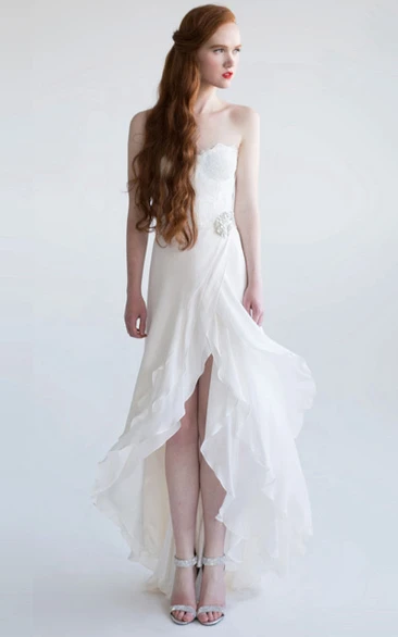 A-Line Strapless Split-Front High-Low Sleeveless Chiffon Wedding Dress With Lace And Broach
