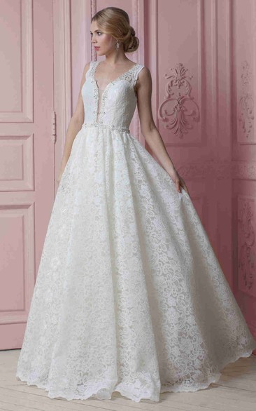 A-Line Beaded Long Sleeveless Lace Wedding Dress