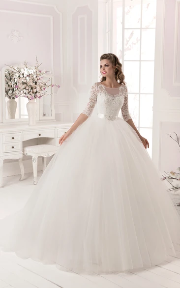 Ball Gown Lace&Tulle Long Sleeve Dress with Crystal Detailing