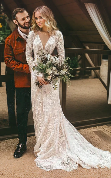 Lace Long Sleeve Boho Floral Vintage V-neck A-Line Wedding Dress with Keyhole Back