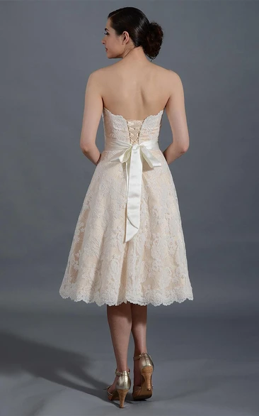 Alencon Lace Knee-Length Lace Wedding Dress With Satin Belt
