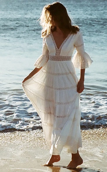 Ethereal Lace Sheath V-neck Floor Length Wedding Dress with Poet Sleeve