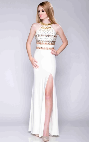 Side Slit Sheath Jersey Prom Dress With Metallic Top