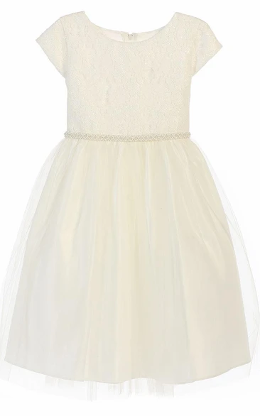 Tea-Length Sequined Tulle&Lace Flower Girl Dress With Embroidery