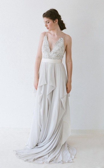 Romantic Double Strap Long A-Line Chiffon Wedding Dress With Beading