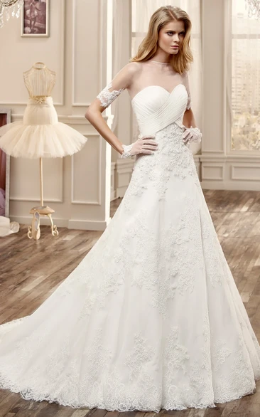 Half-Sleeve Lace Long Wedding Dress With Bandage Bodice And Court Train