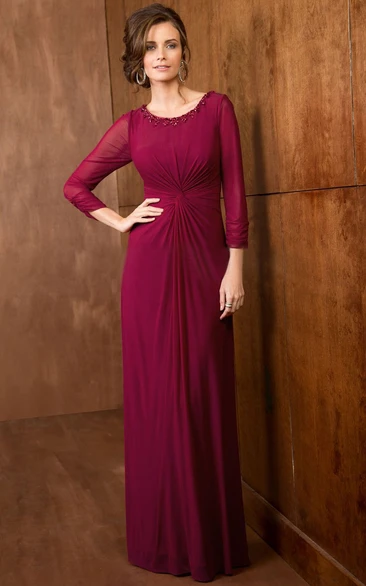 3-4 Sleeved A-Line Long Flowy Gown With Beadings And Pleats