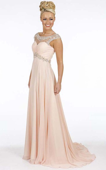 A-Line Empire Scoop Floor-Length Cap-Sleeve Beaded Chiffon Prom Dress With Waist Jewellery And Ruching