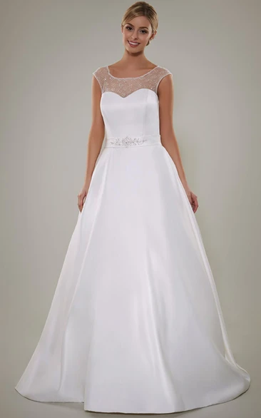 A-Line Beaded Scoop Floor-Length Cap-Sleeve Satin Wedding Dress With Keyhole Back And Waist Jewellery