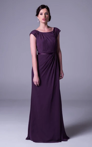 Side-Draped Square Neck Cap Sleeve Chiffon Bridesmaid Dress With Straps