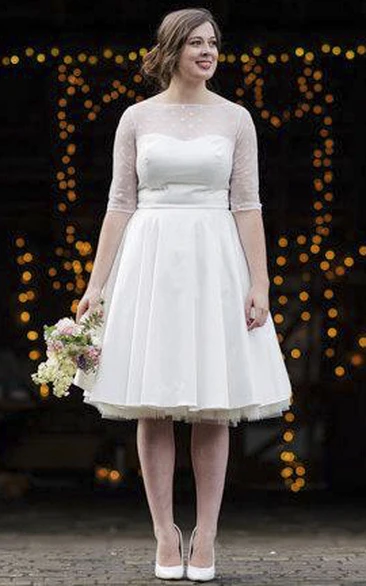 Vintage Tea Length Satin Wedding Dress With Dotted Tulle Bodice