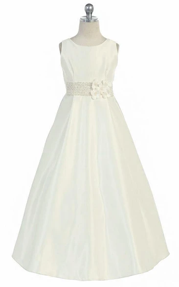 Floral Floral Beaded Satin Flower Girl Dress With Sash