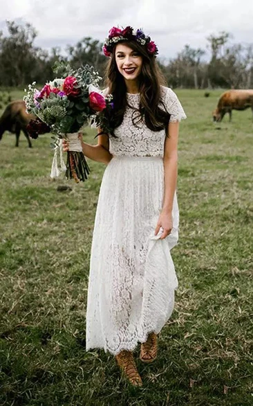 T-shirt Short Sleeve Jewel A-Line Sheath Lace Lace-up Corset Back Wedding Dress