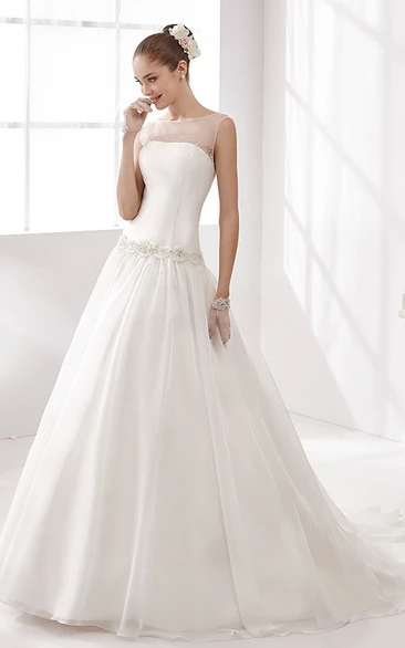 Jewel-neck Waist-drop Wedding Gown with Beaded Details and Illusive Neckline 