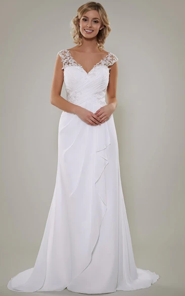 Sheath Floor-Length V-Neck Sleeveless Lace Chiffon Wedding Dress With Criss Cross And Draping