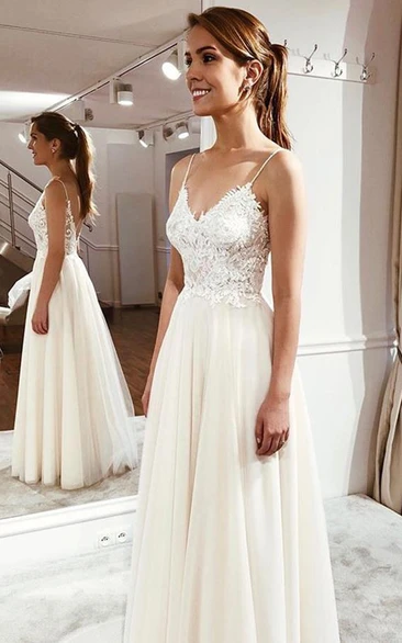 Cute Lace Appliqued Simple Spaghetti Wedding Dress With Ethereal Tulle Skirt