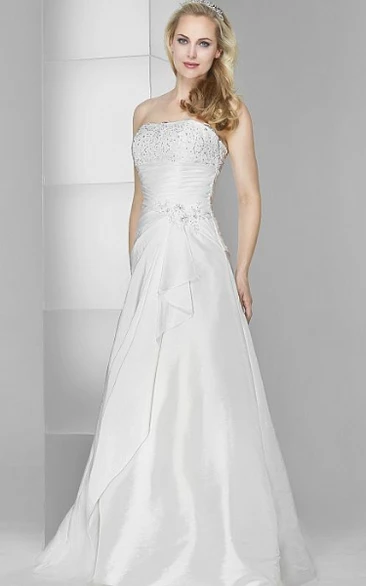 A-Line Strapless Beaded Sleeveless Floor-Length Stretched Satin Wedding Dress With Ruching And Draping