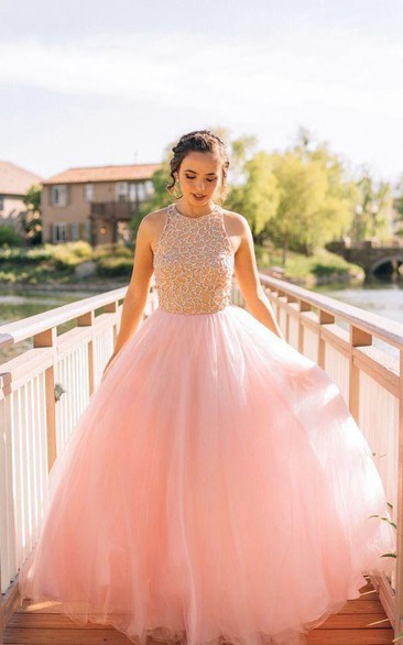 Sleeveless A-line Long Ballgown with Lace and Pleats