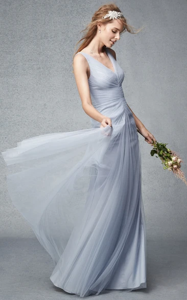 Floor-Length Sleeveless Ruched V-Neck Tulle Bridesmaid Dress With Pleats