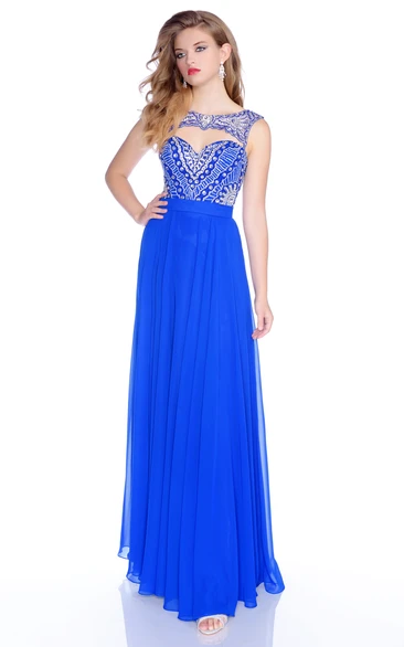 Sleeveless A-Line Chiffon Prom Dress With Keyhole Back And Sequined Bodice