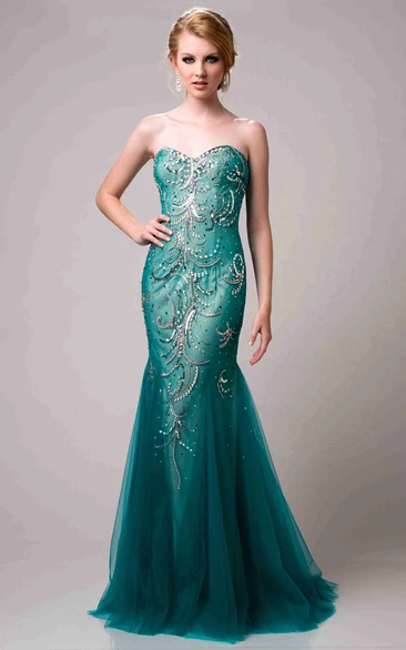 Sequin-Covered Strapless Mermaid Tulle Prom Dress With Sweetheart Neckline