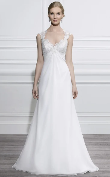 V-Neck Maxi Cap-Sleeve Appliqued Chiffon Wedding Dress With Court Train And V Back