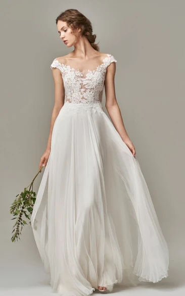 Boho A Line Bateau Chiffon Lace Floor-length Short Sleeve Wedding Dress with Illusion Deep-V Back 