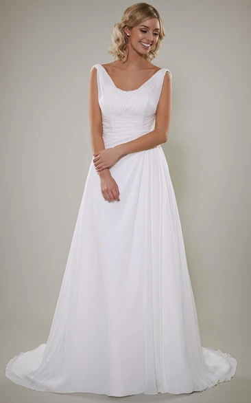 A-Line V-Neck Maxi Sleeveless Satin Wedding Dress With Deep-V Back And Sweep Train