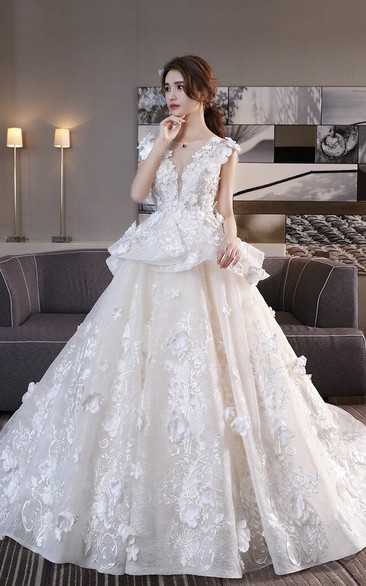Princess Cap Sleeve Lace-up 3D Floral Appliqued Lace Wedding Dress With Peplum Skirt