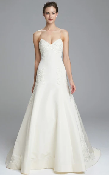 A-Line Appliqued Floor-Length Sleeveless Spaghetti Satin Wedding Dress