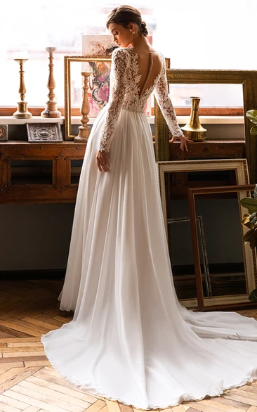 Romantic Lace Chiffon Wedding Dress with Button Back A-Line V-Neck Dress